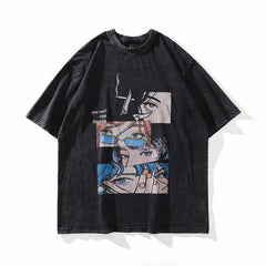 Men T Shirt Retro Washed Distressed Anime Print Short Sleeve T-shirt Loose