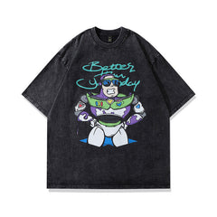Men T Shirt Cartoon Printed Distressed Short-Sleeved T-shirt for Men and Women