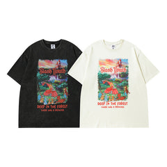 Men T Shirt Vintage Printed Washed Distressed Couple Short Sleeve T-shirt Men and Women