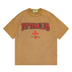 Men T Shirt High Street Print Worn Looking Washed-out Short Sleeve T-shirt Men and Women Loose