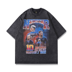 Men T Shirt Vintage Portrait Printing Distressed Short-Sleeved T-shirt Men's Fashion Brand Washed