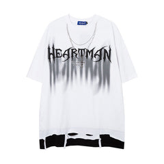 Men T Shirt Gothic Letter Color Contrast Patchwork Ripped Short Sleeve T-shirt for Men and Women