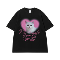 Men T Shirt Vintage Kitten Print Short Sleeve T-shirt Men and Women Ins Couple Vintage