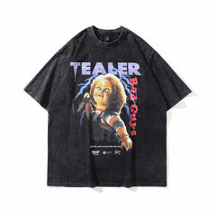 Men T Shirt Angel Print Wash Short Sleeve T-shirt Men and Women Retro Couple
