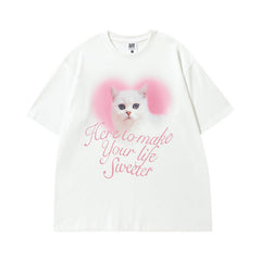Men T Shirt Vintage Kitten Print Short Sleeve T-shirt Men and Women Ins Couple Vintage