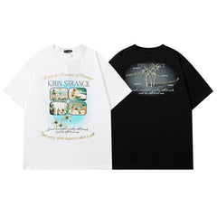 Men T Shirt Hip Hop Vintage Print Short Sleeves T-shirt Men and Women Casual