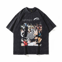 Men T Shirt Vintage Printed Casual Loose round Neck Washed and Worn T-shirt