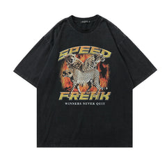Men T Shirt Washed and Worn Gray Printed Loose T-shirt Summer Street