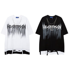 Men T Shirt Gothic Letter Color Contrast Patchwork Ripped Short Sleeve T-shirt for Men and Women