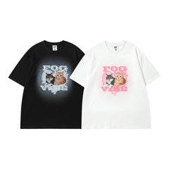 Men T Shirt Vintage Kitten Print Short Sleeve T-shirt Men and Women College Style Hip Hop