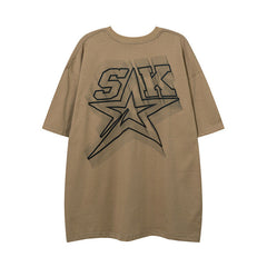 Men T Shirt Five-Pointed Star Letter Print Couple Half Sleeve T-shirt Vintage Distressed Short Sleeve