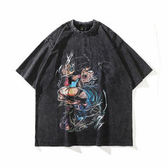 Men T Shirt Retro Washed Distressed Anime Print Short Sleeve T-shirt Loose