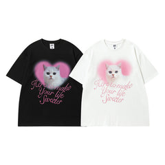 Men T Shirt Vintage Kitten Print Short Sleeve T-shirt Men and Women Ins Couple Vintage