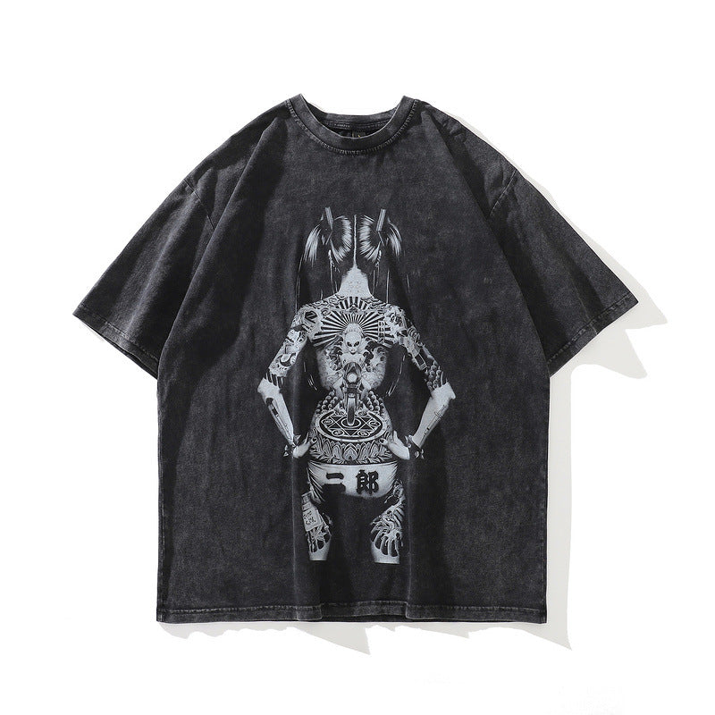 Men T Shirt T Yabi Style Dark Print Worn Looking Washed-out Short Sleeve T-shirt for Men and Women