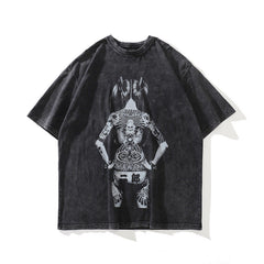 Men T Shirt T Yabi Style Dark Print Worn Looking Washed-out Short Sleeve T-shirt for Men and Women