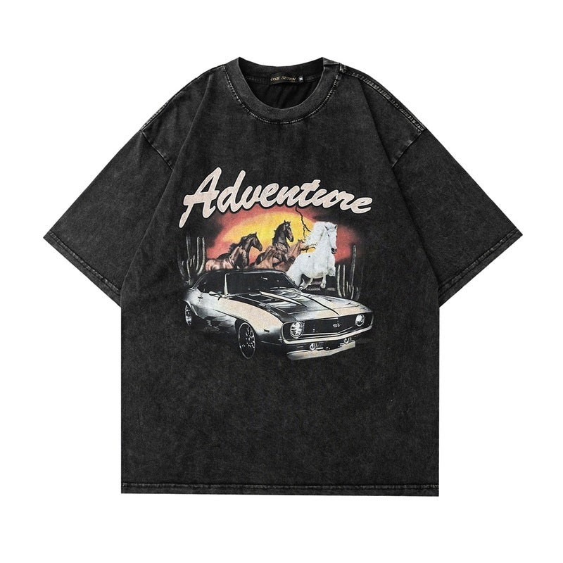 Men T Shirt Washed and Worn Vintage Print Short Sleeves T-shirt Men