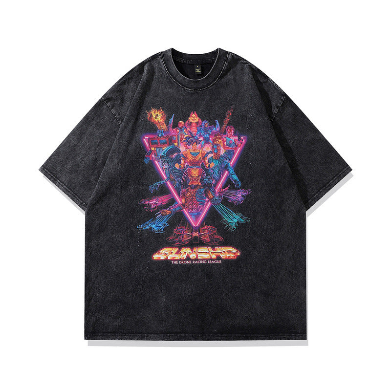 Men T Shirt Vintage Spoof Angel Graffiti Printing Distressed Short Sleeve T-shirt for Men and Women