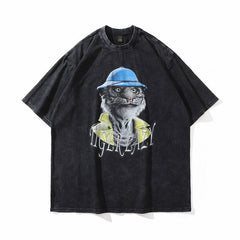 Men T Shirt Washed and Worn Vintage Print Short Sleeves T-shirt Men's Loose