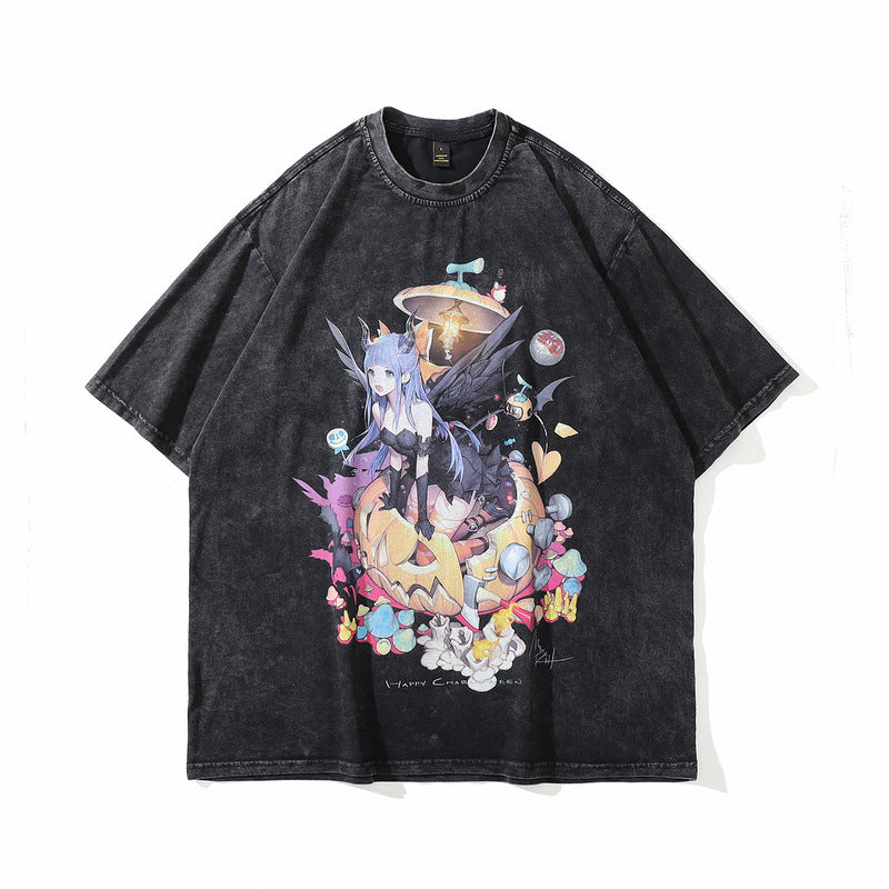 Men T Shirt Vintage Cartoon Printed Short Sleeve T-shirt Baby Boy and Girl Summer Loose Couple