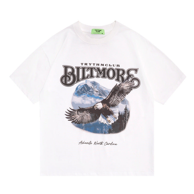 Men T Shirt High Street Print Worn Looking Washed-out Short Sleeve T-shirt Men and Women Loose