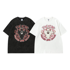 Men's T Shirt Ghost Print Short-Sleeved T-shirt Men's and Women's Retro Style Loose