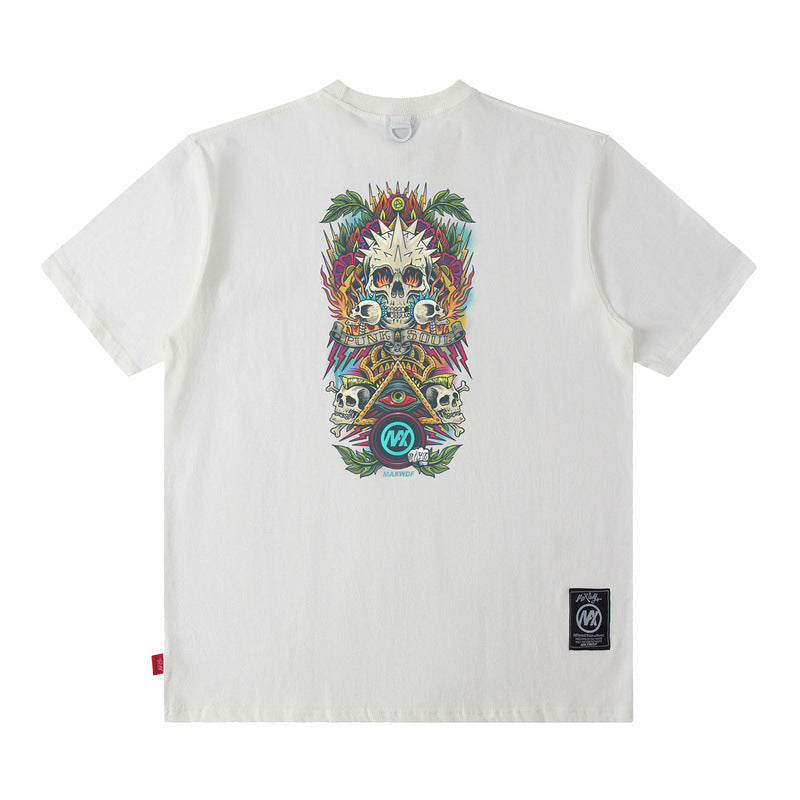 Men T Shirt Amekaji Vintage Printed Pure Cotton Loose Short Sleeve T-shirt for Men and Women