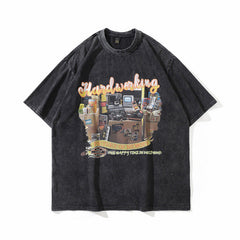 Men T Shirt Hip Hop Retro Style Short Sleeve T-shirt Worn Looking Washed-out