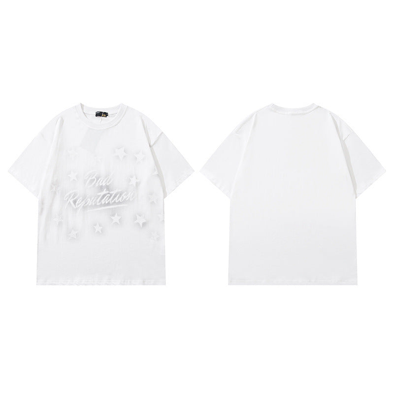Men T Shirt Five-Pointed Star Letter Print Couple Half Sleeve T-shirt Vintage Distressed Short Sleeve