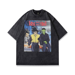 Men T Shirt Hip Hop Cartoon Anime Print Washed and Worn Short Sleeve T-shirt Men and Women