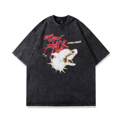 Men T Shirt Vintage Printed Distressed Short-Sleeved T-shirt Men and Women Wash Couple