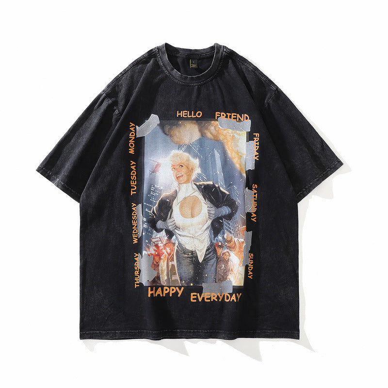 Men T Shirt Vintage Print Short Sleeves Men's and Women's Fashion Brand T-shirt Loose round Neck