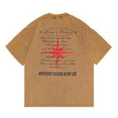 Men T Shirt High Street Print Worn Looking Washed-out Short Sleeve T-shirt Men and Women Loose