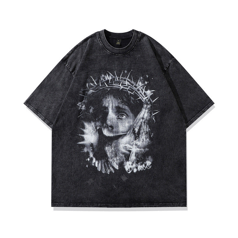 Men T Shirt Vintage Printed Distressed Short-Sleeved T-shirt Men and Women Wash Couple