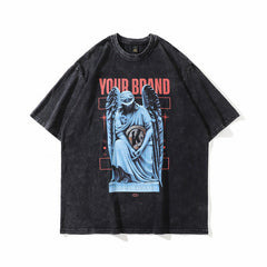 Men T Shirt Angel Print Wash Short Sleeve T-shirt Men and Women Retro Couple
