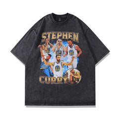 Men T Shirt Worn Looking Washed-out Star Character Printed Short Sleeve T-shirt Men and Women