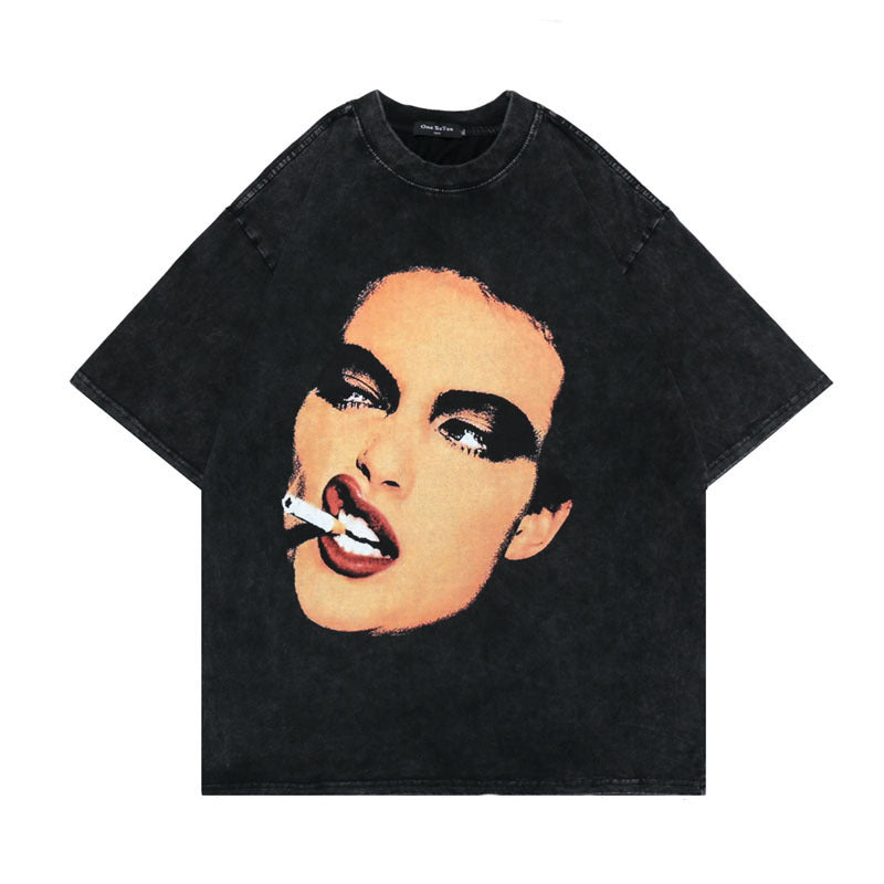Men T Shirt Vintage Singer Portrait Printing Short Sleeve T-shirt Washed Bottoming Shirt Men