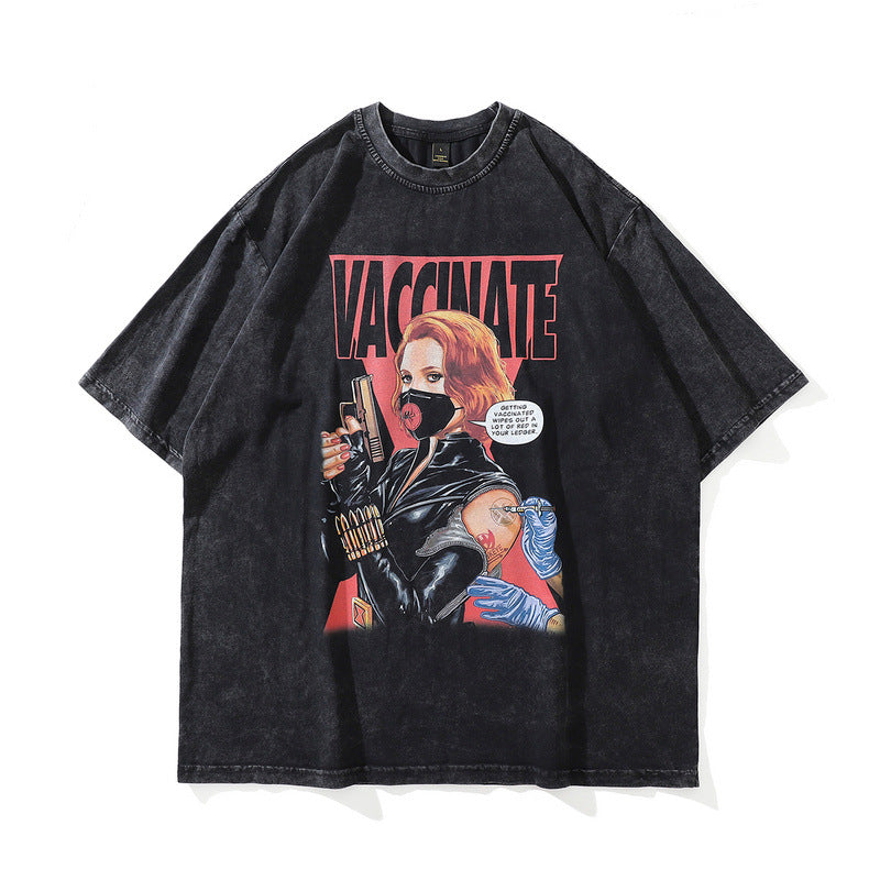 Men T Shirt Distressed Printed Short-Sleeved T-shirt Male and Female Personality Washed Loose