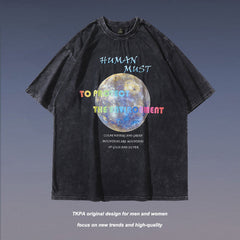 Men T Shirt Washed Gray Distressed T-shirt Summer Loose
