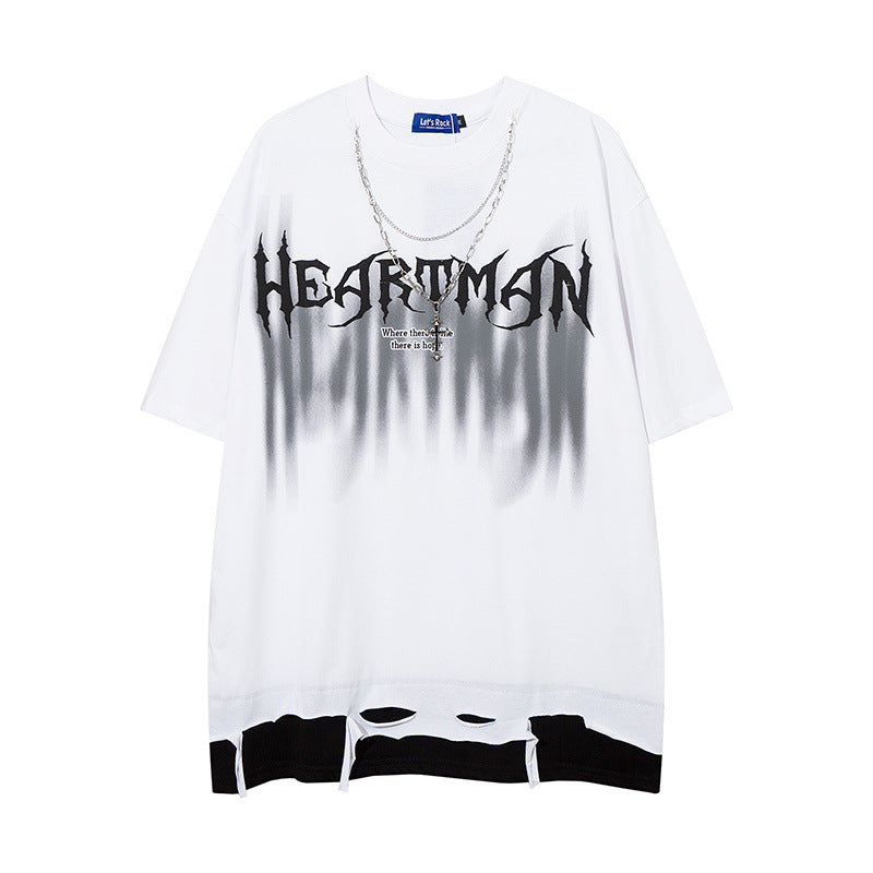 Men T Shirt Gothic Letter Color Contrast Patchwork Ripped Short Sleeve T-shirt for Men and Women