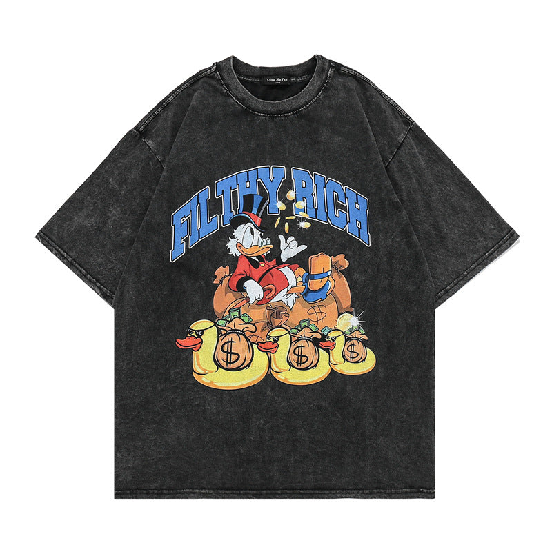 Men's T Shirt Washed Distressed Cross Printed Short-Sleeved T-shirt Men's Loose