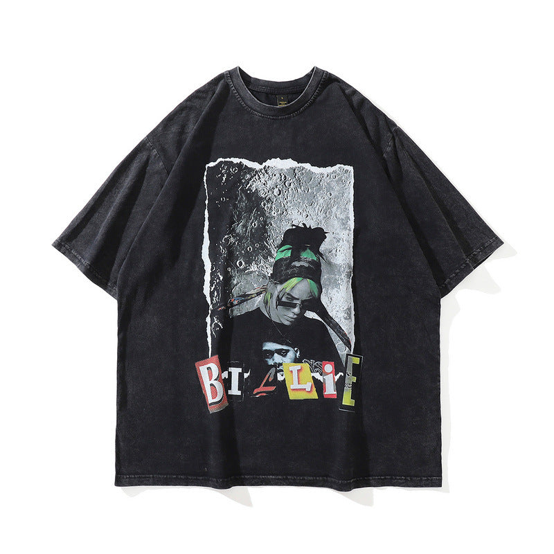 Men T Shirt Cotton Short-Sleeved T-shirt Men and Women Distressed Letters Anime Print
