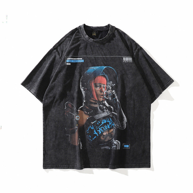 Men T Shirt Portrait Printing Loose Short Sleeve T-shirt Men and Women Street Retro