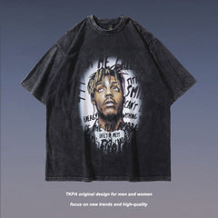 Men T Shirt Worn Looking Washed-out Portrait Short-Sleeved T-shirt Men Hiphop