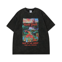 Men T Shirt Vintage Printed Washed Distressed Couple Short Sleeve T-shirt Men and Women