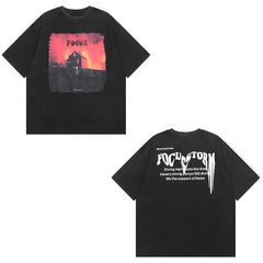 Men T Shirt Washed Printed Short-Sleeved T-shirt for Men and Women