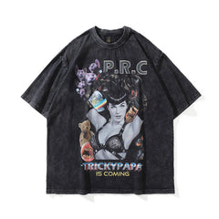 Men T Shirt Washed Old Vintage Print Short Sleeves T-shirt