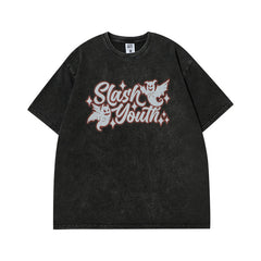 Men T Shirt Letter Print Worn Looking Washed-out Short Sleeve T-shirt Female Hip Hop