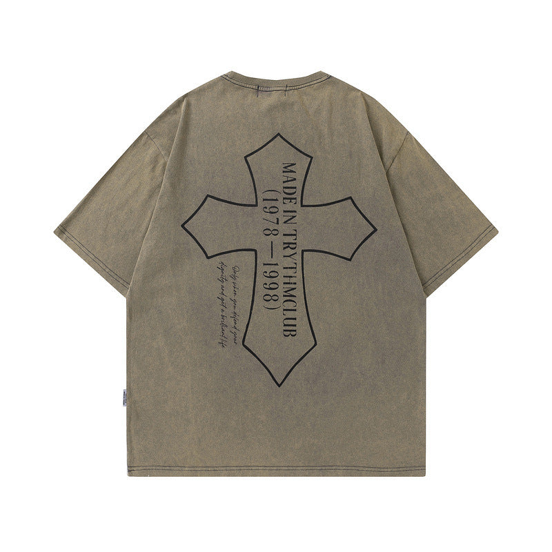 Men T Shirt Printed Worn Looking Washed-out Short-Sleeved T-shirt Men and Women Style Retro