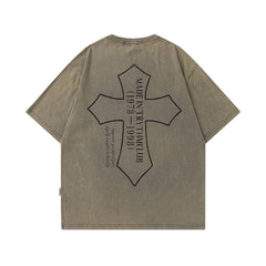 Men T Shirt Printed Worn Looking Washed-out Short-Sleeved T-shirt Men and Women Style Retro