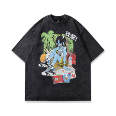 Men T Shirt Cartoon Printed Washed and Worn Short Sleeve T-shirt for Men and Women